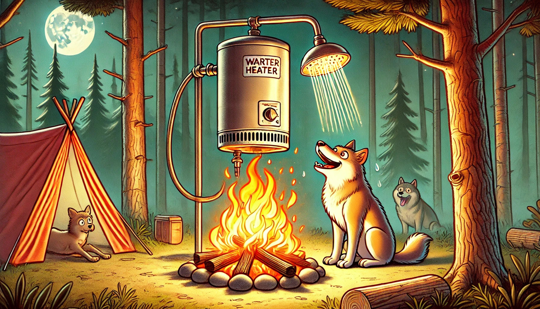 Dessin d'un loup qui prend une douche avec un chauffe-eau au feu de bois.